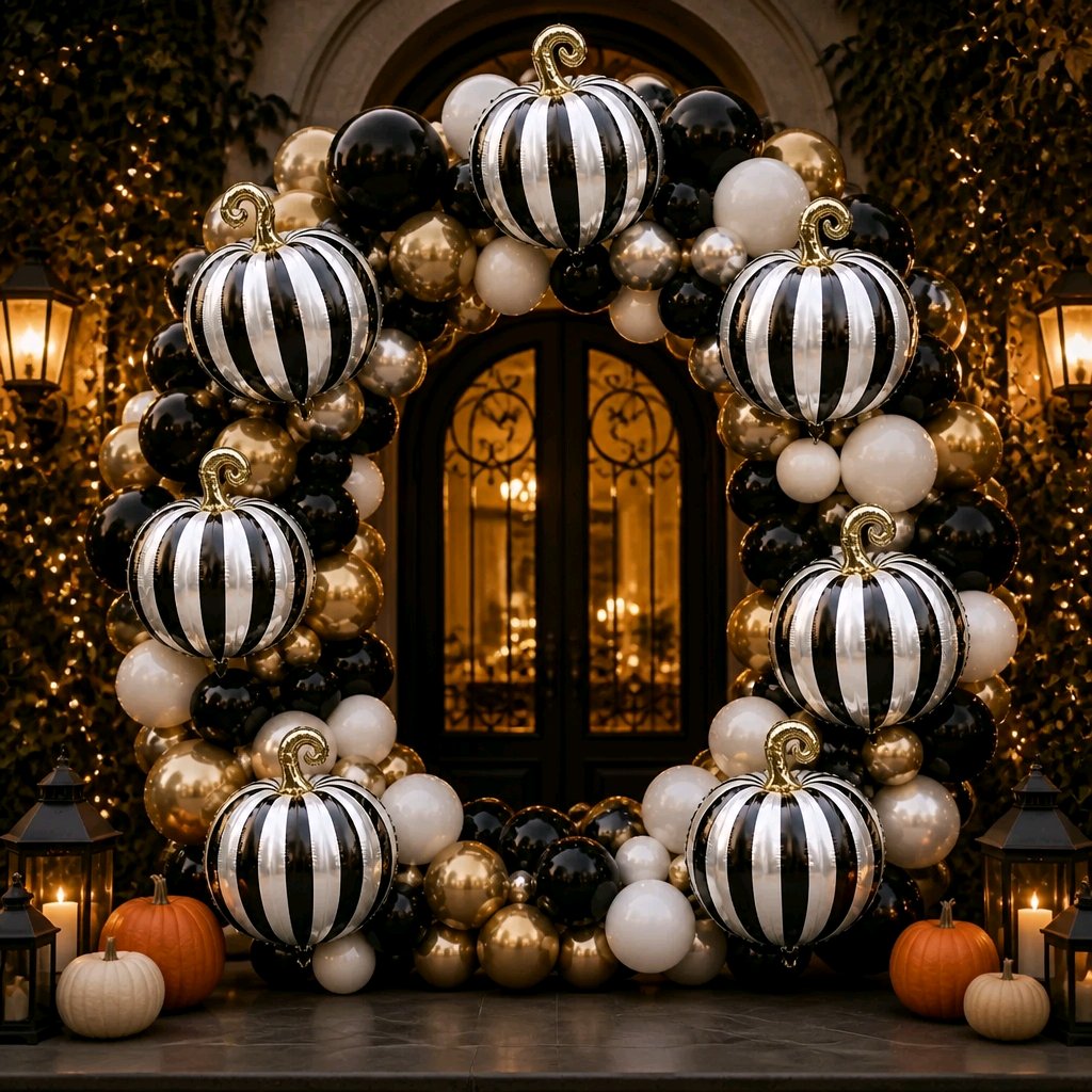 Arco de globos negros, plateados y blancos con calabazas en una entrada decorada para Halloween