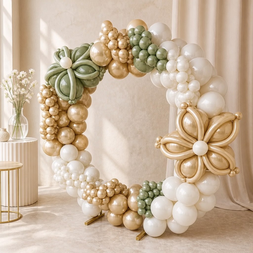 Arco de globos verde y dorado con flores