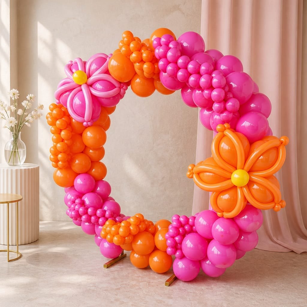 Arco de globos fucsia y naranja para fiesta privada
