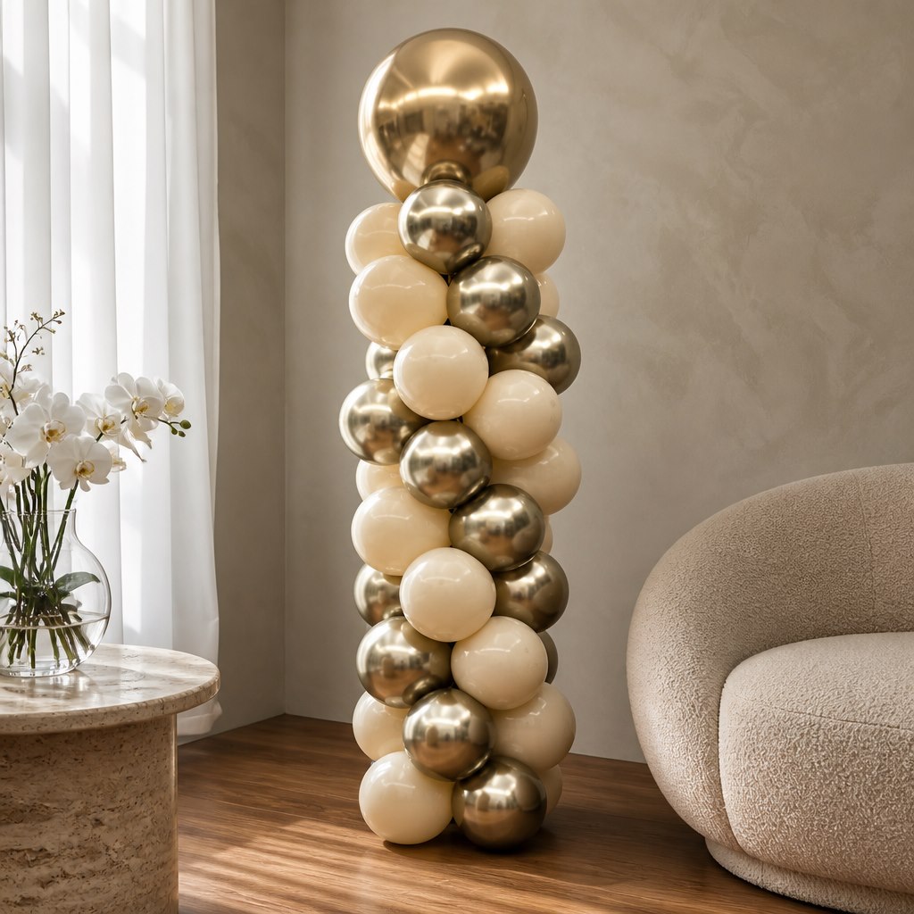 Columna de globos dorados y crema