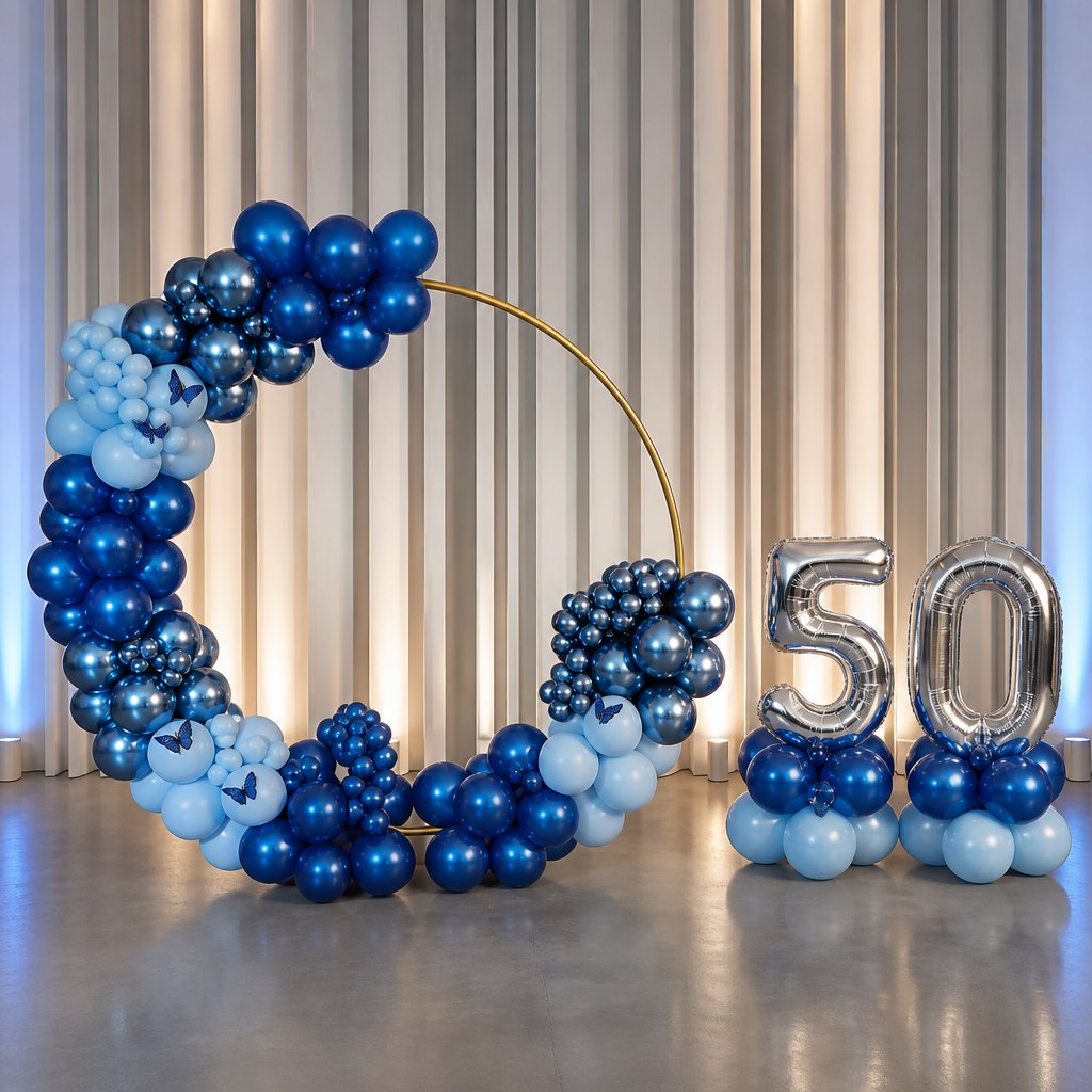 Decoración azul para cumpleaños con globos y mesa dulce