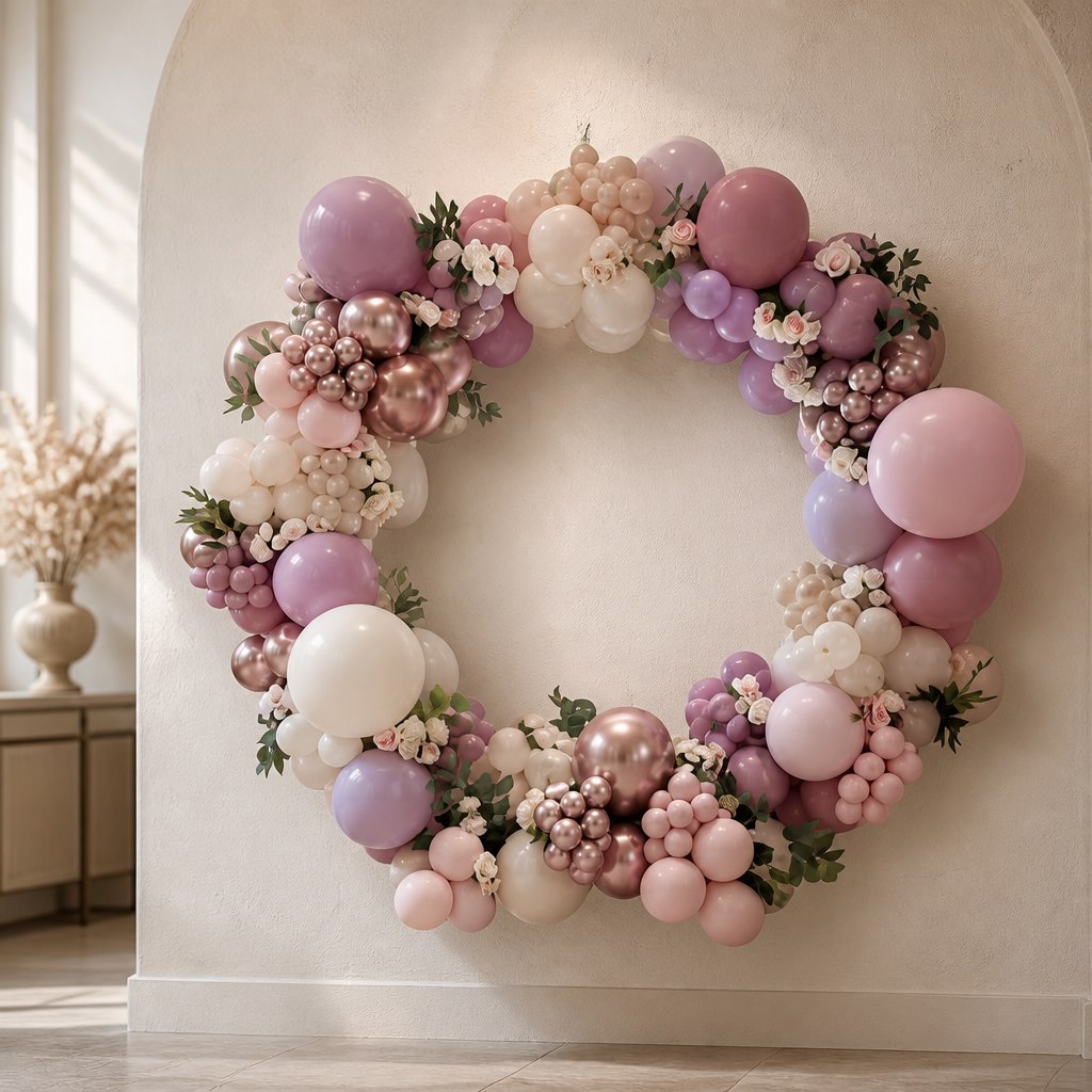 Decoración de cumpleaños con globos rosa y malva