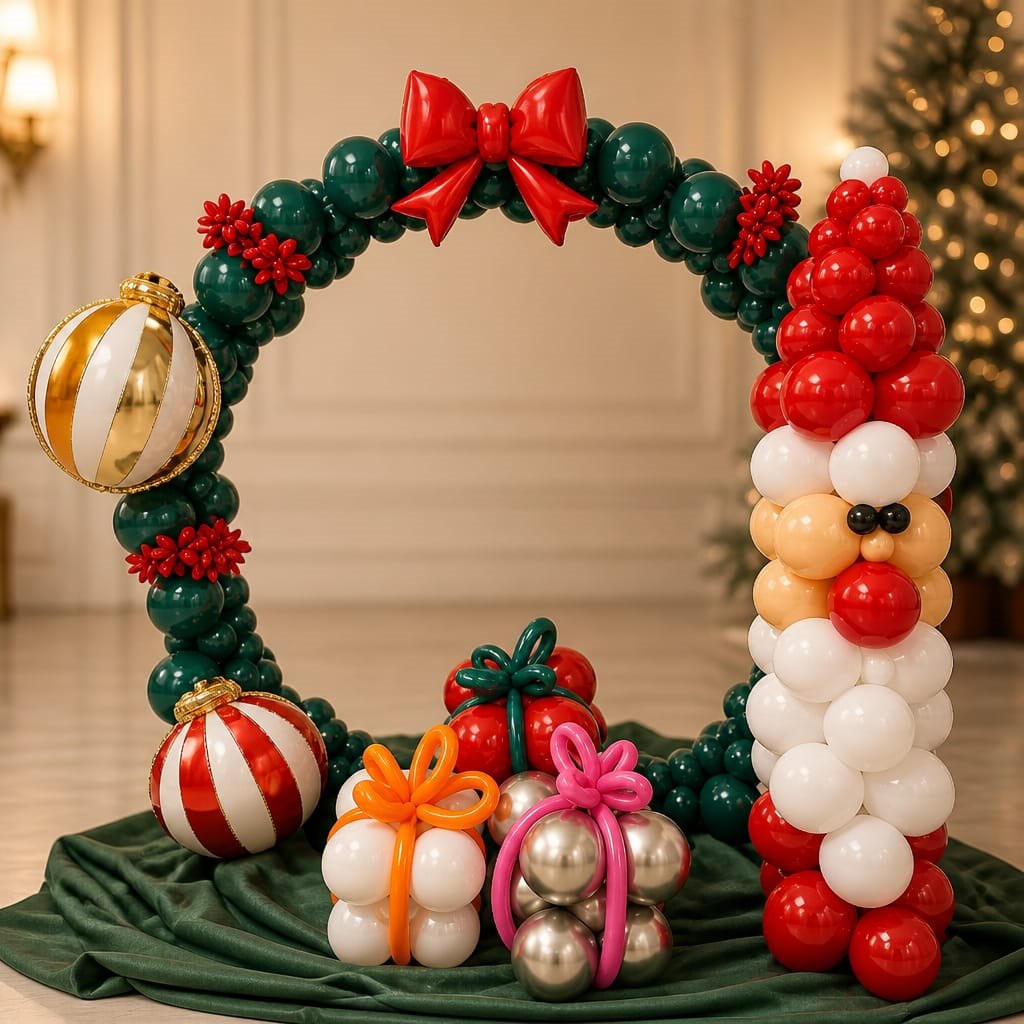 Decoración navideña con globos y mesa de celebración