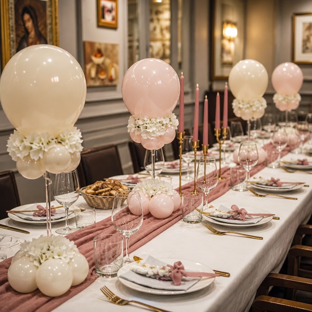 Mesa de comunión con globos rosas y dulces